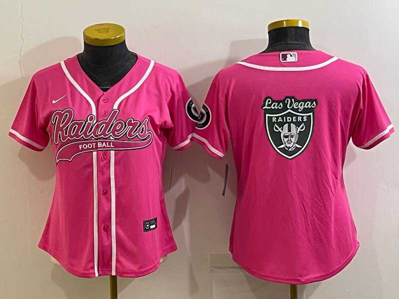 Women's Las Vegas Raiders Pink Team Big Logo With Patch Cool Base Stitched Baseball Jersey-0
